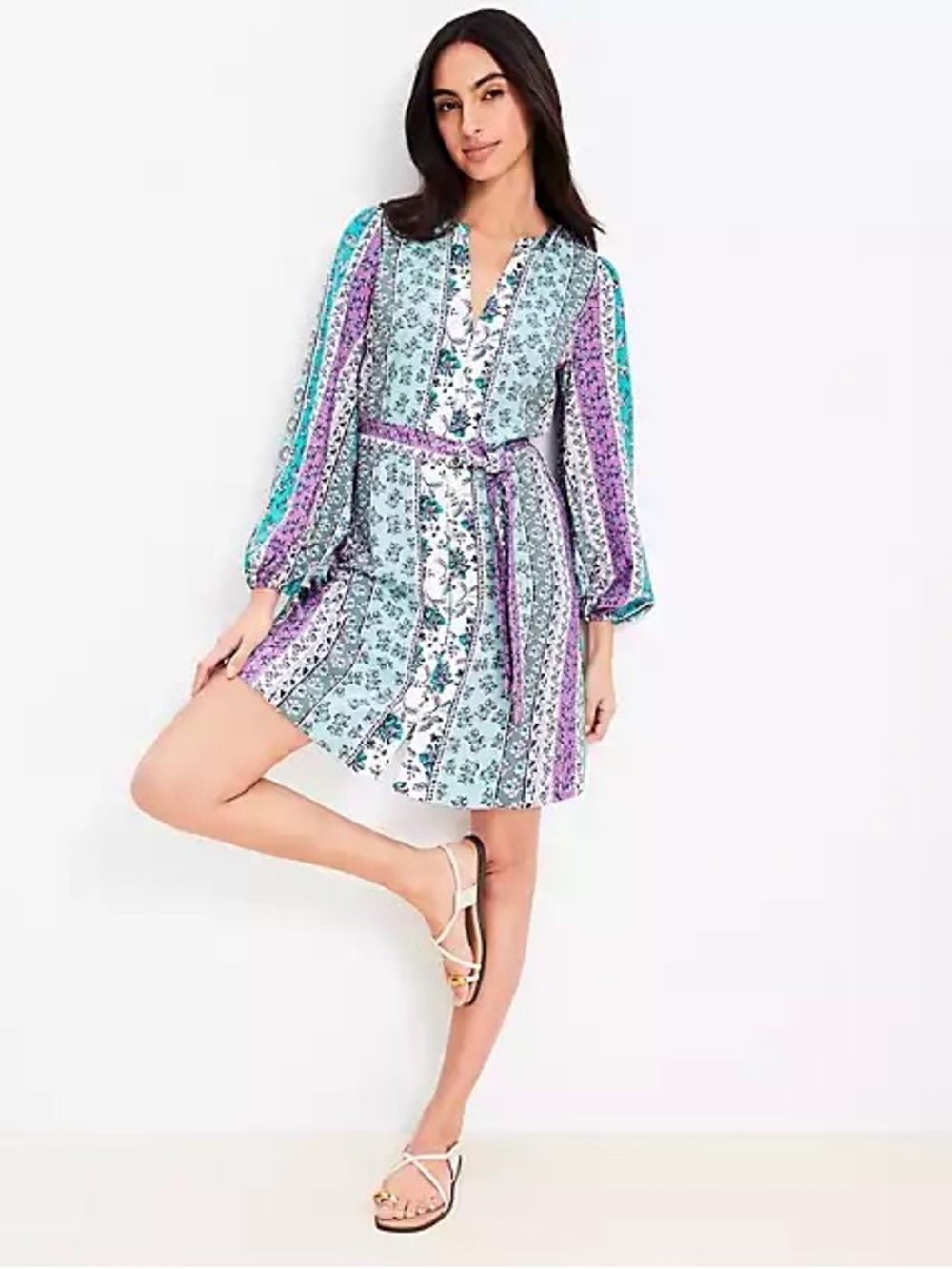 LOFT Aqua & Purple Striped Floral Midi Dress